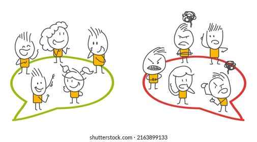 Stick figures. People with speech bubbles. Cartoon style. Social networks, news, social networks, chat, dialogue speech bubbles.