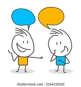 Stick figures. People with speech bubbles. Cartoon style. Social networks, news, social networks, chat, dialogue speech bubbles.