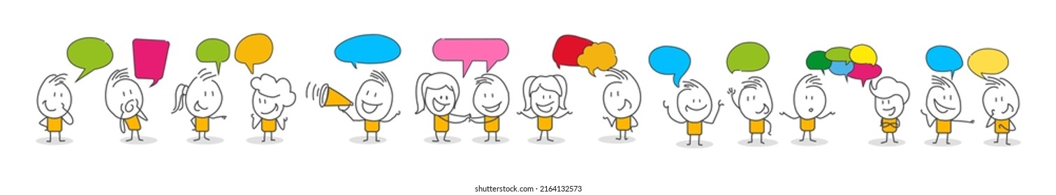 Stick figures. People with speech bubbles. Cartoon style. Social networks, news, social networks, chat, dialogue speech bubbles.