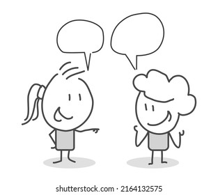 Stick figures. People with speech bubbles. Cartoon style. Social networks, news, social networks, chat, dialogue speech bubbles.