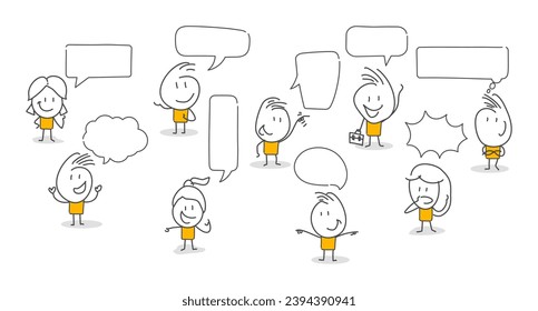 Stick figures. People with speech bubbles. Cartoon style. Social networks, news, social networks, chat, dialogue speech bubbles.