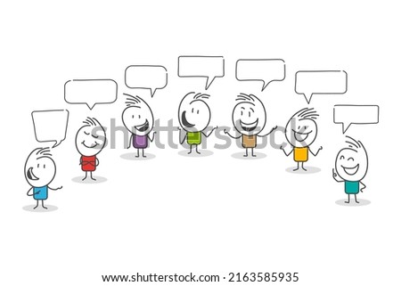 Stick figures. People with speech bubbles. Cartoon style. Social networks, news, social networks, chat, dialogue speech bubbles.