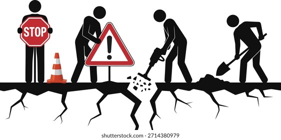 Las figuras de palo realizan tareas de trabajo en la carretera: sosteniendo la señal de alto, la señal de advertencia, martilleando y paleando la suciedad en el suelo agrietado.