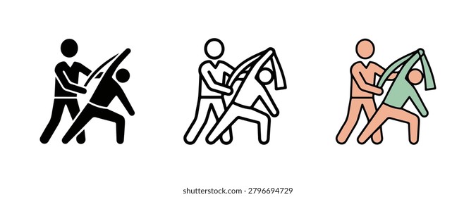 Stick figures performing martial arts moves with colorful outlines and monochromatic styles for design elements and infographics illustrating selfdefense techniques