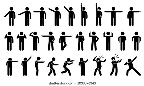 Stick Figures of a Person Pointing Finger. A set of stick figures showing a man pointing in different directions on different poses and positions. 