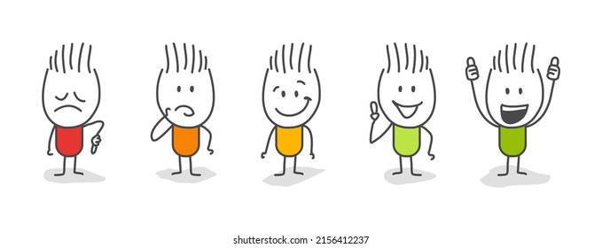 Stick figures. Person rating happy unhappy set. Rating, smiley, traffic light. Rating metaphor.