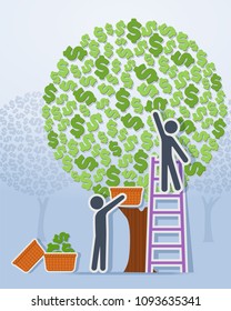 Stick figures are picking dollars from dollar trees. Vector illustration