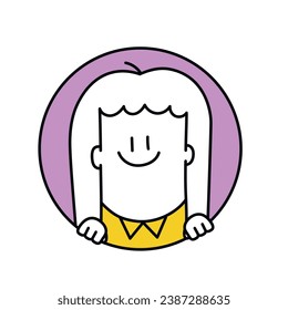 Stick figures, portrait of happy young woman peeking and looking from circle. Cartoon style. Vector illustration.