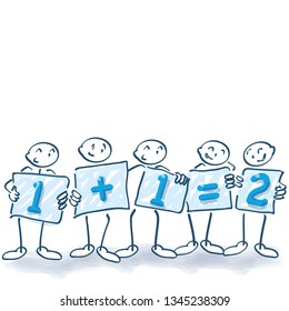 Stick figures with posters and one plus one is equal to two 