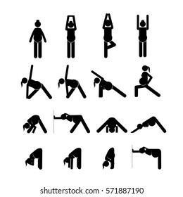 Stick figures. Pregnant woman doing yoga poses. Vector illustration.