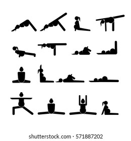 Stick figures. Pregnant woman doing yoga poses. Vector illustration.