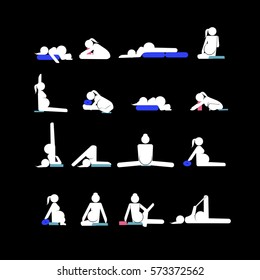 Stick figures. Pregnant woman doing yoga poses. Vector illustration.