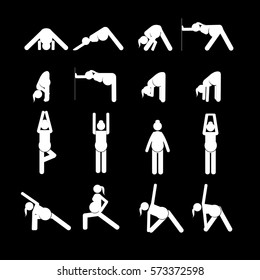 Stick figures. Pregnant woman doing yoga poses. Vector illustration.