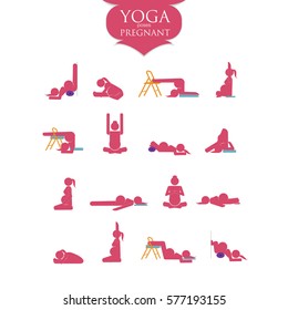 Stick figures. Pregnant woman doing yoga poses. Vector illustration.