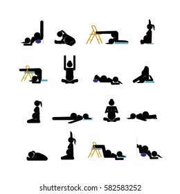 Stick figures. Pregnant woman doing yoga poses. Vector illustration.