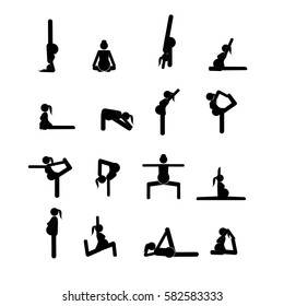 Stick figures. Pregnant woman doing yoga poses. Vector illustration.