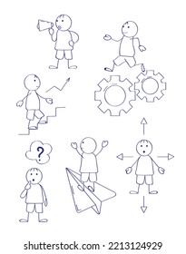 Stick figures for presentations in doddle style. Line art human, businessman. Different poses of walking,thinking, running.