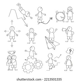 Pegar figuras para las presentaciones con estilo de doddle. Arte de línea humano, hombre de negocios. Diferentes poses de caminar, pensar, correr.