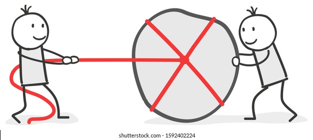 Stick figures pull a rock together on a rope