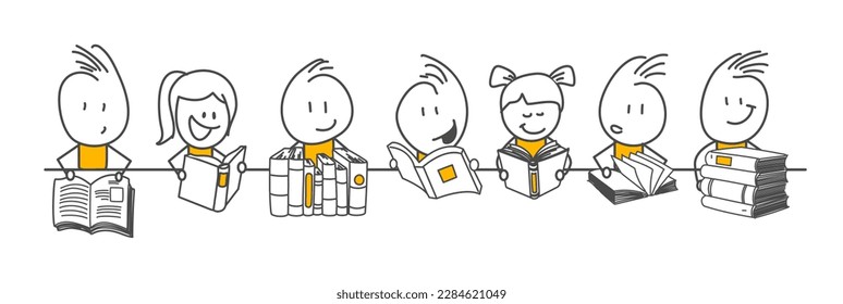 Palos. Las figuras del palo están leyendo un libro. Concepto de educación. Aislado sobre fondo blanco. Caricatura de diseño de dibujos a mano de Doodle Line Art Cartoon.