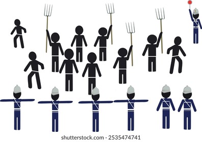 Stick figures representing farmers holding pitchforks, facing stick figures representing police officers