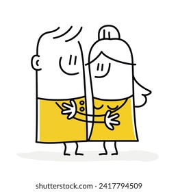 Stick figures. Romantic couple hugging. Cartoon style. Vector illustration.