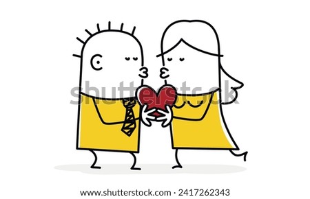 Stick figures. Romantic couple lovers kissing, holding heart. Cartoon style. Vector illustration.