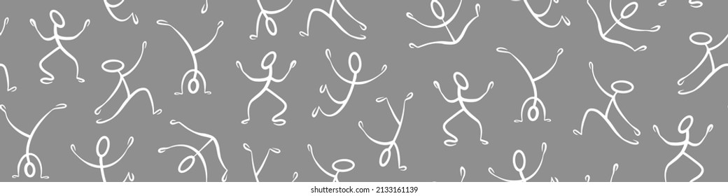 Stick figures seamless pattern. Horizontal border with doodle people on gray background. Vector illustration.