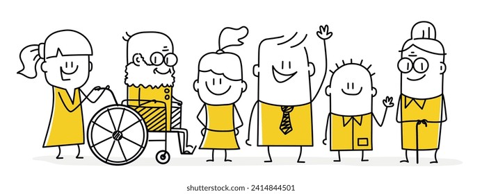 Stick figures set. Big happy family. Father, mother, grandfather, grandmother, children. Cartoon style. Vector illustration.