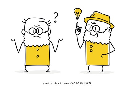 Stick figures set. Grandfather confused question ask not sure pick do not know, generate creative idea. Cartoon style. Vector illustration.