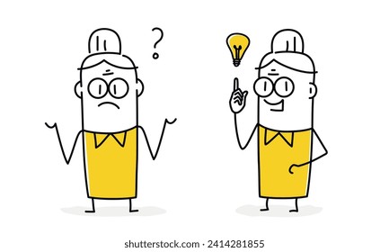 Stick figures set. Grandmother confused question ask not sure pick do not know, generate creative idea. Cartoon style. Vector illustration.