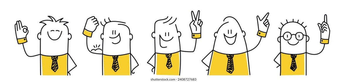 Figuras palas, conjunto de personas felices mostrando diversas emociones positivas con gestos. Estilo de caricatura. Ilustración vectorial.