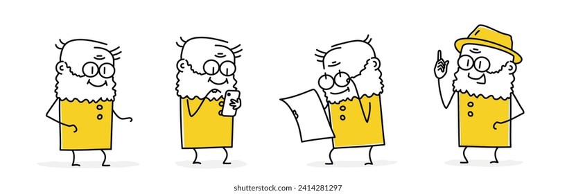 Stick figures set. Old man with different gestures. Cartoon style. Vector illustration.