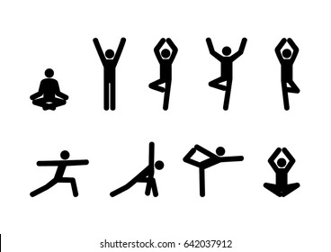 Stick figures set in yoga pose. Vector icons.