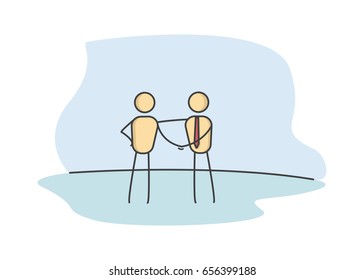 Stick figures shaking hands, Business handshake between 2 persons representing a deal or success. Vector illustration