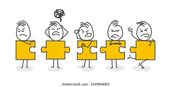 Stick figures. Signs, Business concept. Angry, unsympathetic, mismatched Stickmen tied to each other. Vector.
