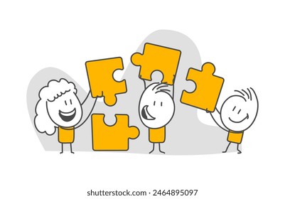 Stick figures. Signs, Business, Success. They combine their ideas. Partnership concept. Vector.
