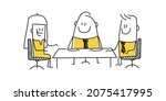 Stick figures sitting at a table in a business or work meeting. Doodle style. Vector illustration.