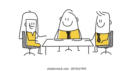 Stick figures sitting at a table in a business or work meeting. Doodle style. Vector illustration.