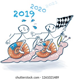 Stick figures in the snail race into the new year