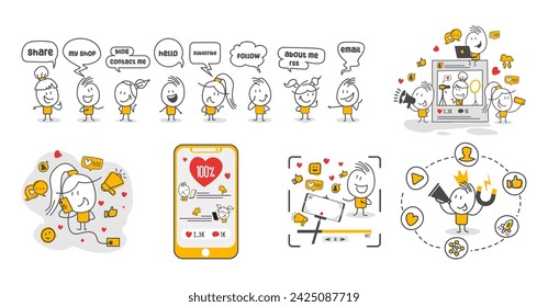 Stick figures. Social media. Isolated on white background. Hand drawn doodle line art cartoon design character.