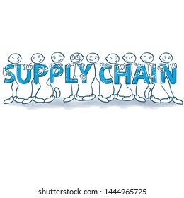Stick figures standing together in a long supply chain