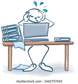 Stick figures with stress on the work table due to overload and depression