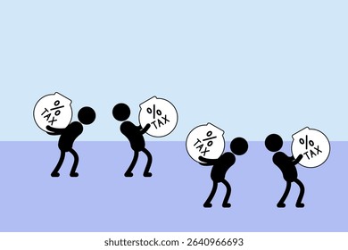 Stick figures struggle to carry oversized bags labeled “% TAX,” illustrating the overwhelming burden of taxation Illustration vector design. EPS 10