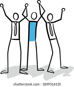 Stick figures success together with a coach in marketing and sales, coaching for distribution, goal achieved