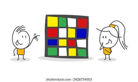 Stick figures. Teamwork. Isolated on white background. Hand drawn doodle line art cartoon design character.