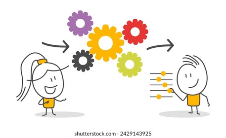 Pegar figuras. Trabajo en equipo. Aislado sobre fondo blanco. Dibujado a mano doodle línea de arte de dibujos animados personaje de diseño.