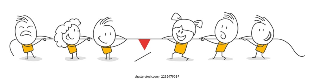 Stick figures. Teamwork. Rope pulling race. Isolated on white background. Hand drawn Doodle Line Art Cartoon Design character.