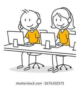 Stick figures. Technical support team responding to customer inquiries using computers.