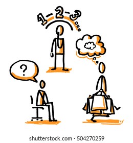 Stick figures thinking about shopping. Hand drawn vector illustration isolated on white.